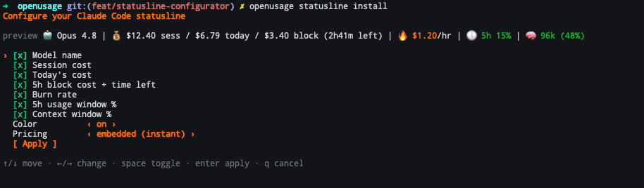 Installing the Claude Code statusline with the live-preview configurator